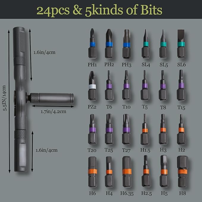 24 in 1 Magnetic Ratchet Screwdriver Set, T Handle Ratchet with Allen Wrench Bits, Bit Ratchet Tool Kit for Home Repair