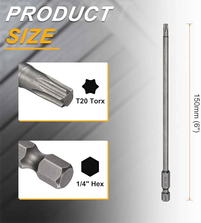 HARFINGTON 2pcs T20 Torx Head Screwdriver Bit 1/4" Hex Shank 6" (150mm) Long Magnetic No Hole Tip Tamper Proof 6 Point Star Screw Driver Drill Bits S2 Steel Industrial Power Screwdrivers