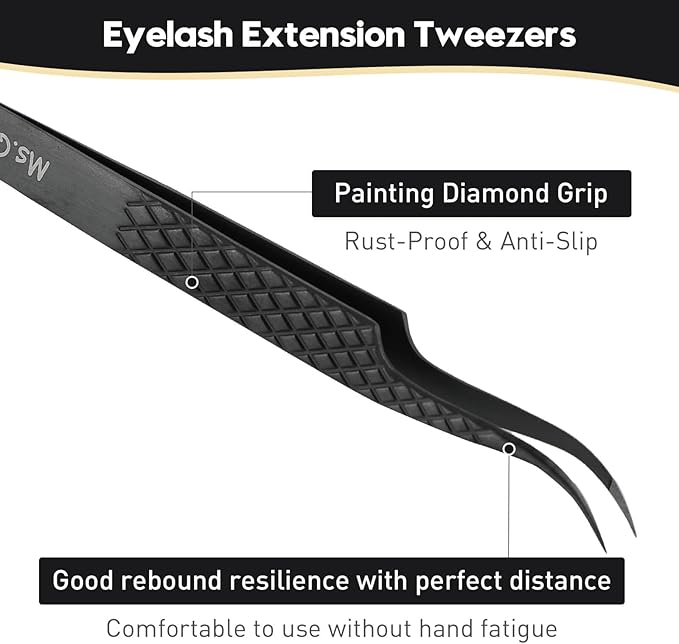 Ms.Queen Lash Tweezers for Eyelash Extensions,Set of 5,Fiber Tip Curved 45 90 Degree and L-Shape Boot Lash Tweezers for Mega Volume & Classic Lashes,Black