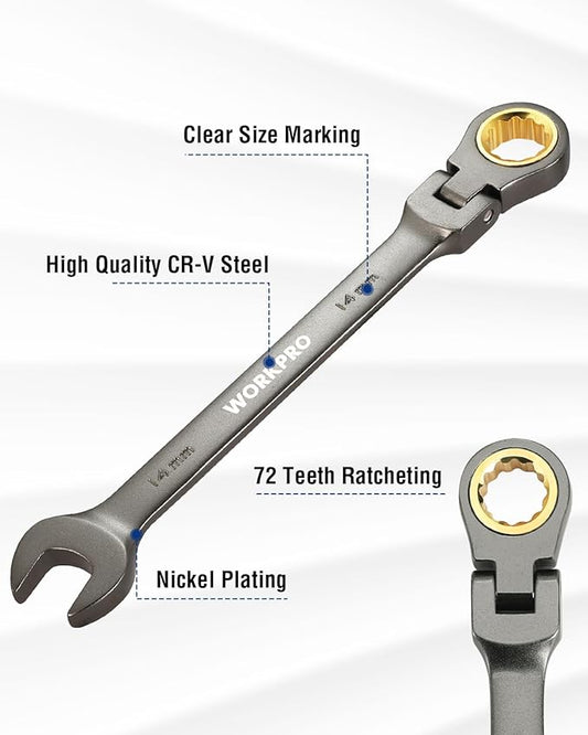 WORKPRO 14 mm Flex-Head Ratcheting Combination Wrench, Cr-V Constructed, Nickel Plating, 72-Teeth, 12 Point Design, Metric