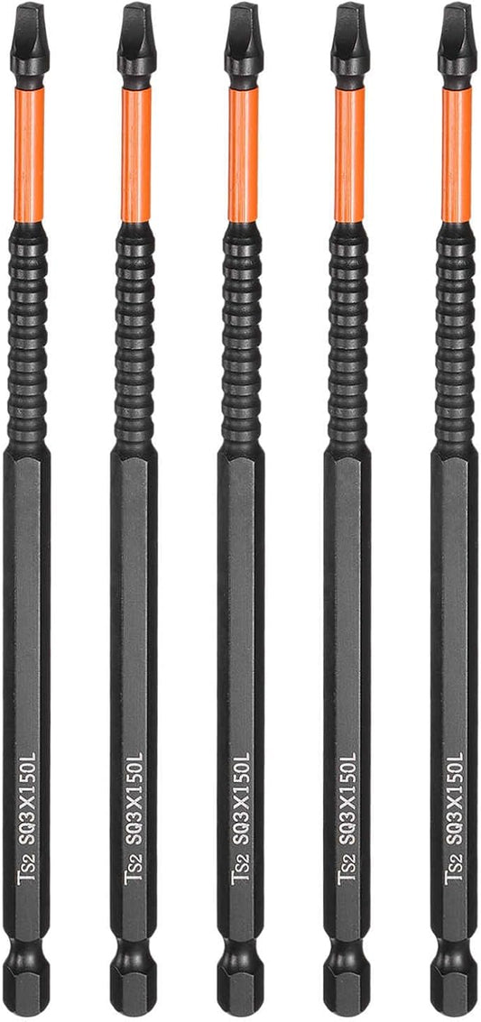 HARFINGTON 5pcs Square Head Screwdriver Bits 1/4" Hex Shank SQ3 Magnetic Head 6" Length S2 Steel Screw Driver Drill Bit for Repair Work Electric Screw Driver