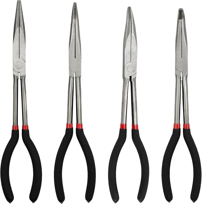 4-Piece 11" Precision Long Nose Pliers Set with Insulated Comfort Grip Handles,Straight Long Needle Nose Pliers,25/45/90 Degree Angle Curved Pliers for Wire Bending,Shaping,Trimming