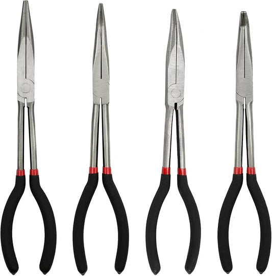 4-Piece 11" Precision Long Nose Pliers Set with Insulated Comfort Grip Handles,Straight Long Needle Nose Pliers,25/45/90 Degree Angle Curved Pliers for Wire Bending,Shaping,Trimming