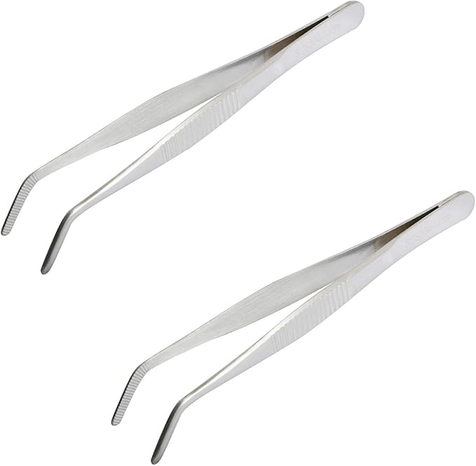 Aoje-Link 304 Stainless Steel Tweezers with Curved Serrated Tip Sewing Machine Electronic Repair Tweezers Pliers Multi-Purpose Tweezers Tool Pliers Silver 2pcs