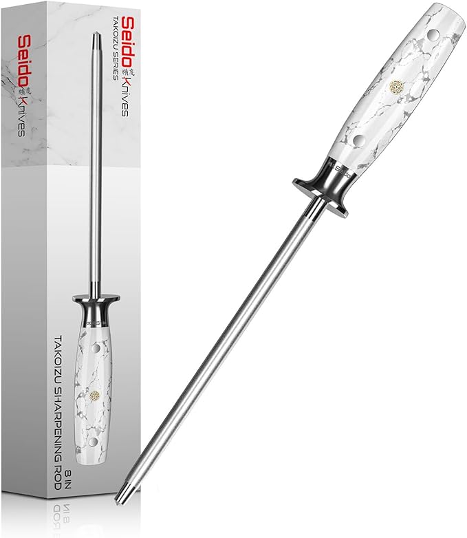 Takoizu 8-Inch Sharpening Rod ??Diamond-Coated, Long-Lasting Knife Sharpener, White Turquoise Handle