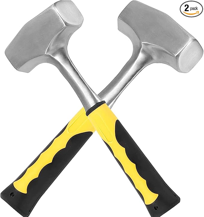 2 Pack 3 lb Sledge Hammer, Heavy Duty Club Hammer with Fiberglass Handle for Driving Stakes, Demolition Work, Cracking Rocks, Mining
