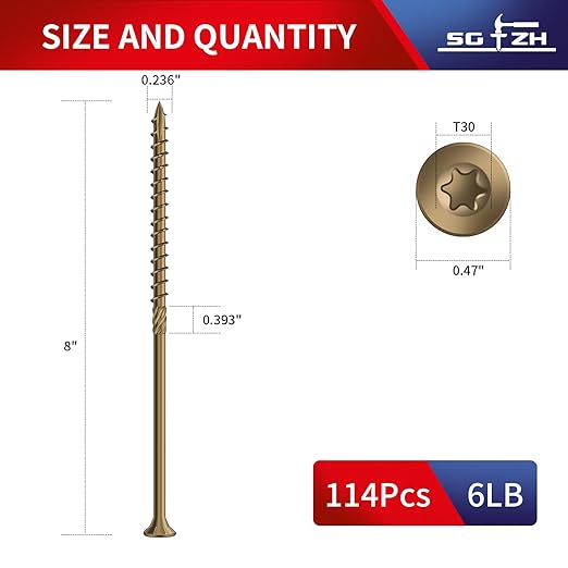 #14 x 8 Inch Deck Screws (114Pcs) 6lb. Carbon Steel, Yellow, Flat Head, Rust Resistant epoxy Coated, with T30 Star Bit