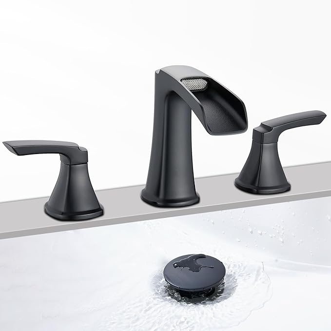 Matte Black Waterfall Bathroom Faucet, Sanliv 3-Piece Widespread Bathroom Sink Faucets, 2-Handle Vanity Faucet for 3-Hole Sinks 4-8 Inch with Pop-Up Drain, ?랱atte Black