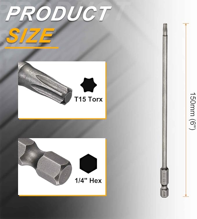 HARFINGTON 2pcs T15 Torx Head Screwdriver Bit 1/4" Hex Shank 6" (150mm) Long Magnetic No Hole Tip Tamper Proof 6 Point Star Screw Driver Drill Bits S2 Steel Industrial Power Screwdrivers
