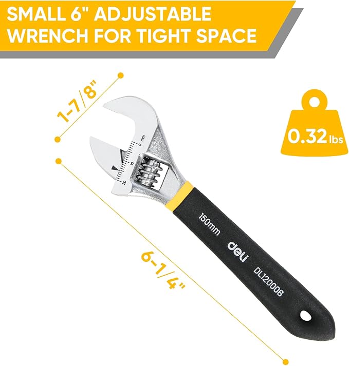 deli 6" Adjustable Wrench Heavy-Duty Chrome Anti-Slip Grip, Smooth-Jaw, Cr-V Steel, Wide Opening for Plumbing & DIY