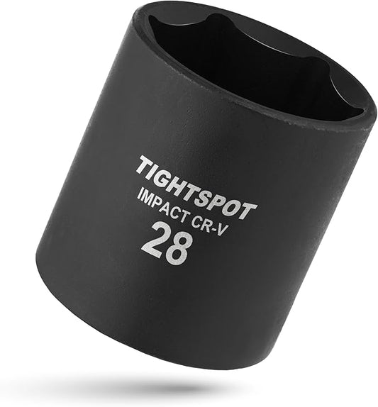 TIGHTSPOT 1/2 Inch Drive - 28mm Shallow Impact Socket with Anti-Rounding 6 Point Design, Heat-Treated CRV Steel, Metric