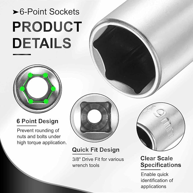 HARFINGTON 2pcs 6 Points Deep Socket 3/8" Drive 9mm Deep Metric CR-V Steel Polished Nickel Plating Flip Sleeve 120mm / 4.7" Extra Long Socket Tool for Home Auto Nuts Bolts Repair