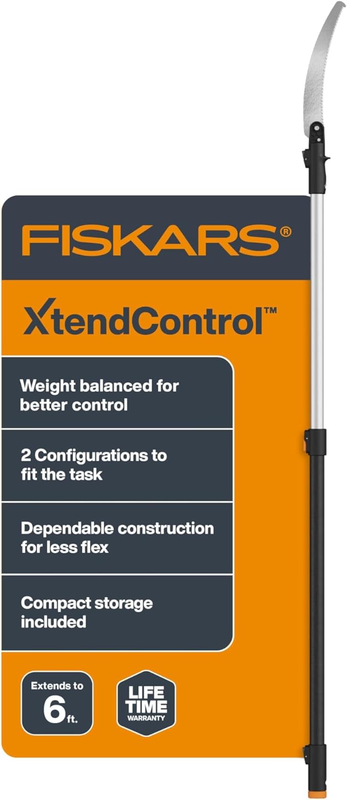 Fiskars XtendControl Extendable Tree Pruner (6 ft), Pole Saw, Adjustable Branch Trimmer with 15" X1 Saw and Hand Saw, 3-6 ft Extension Pole, and Secure Locking System for Precision Cutting