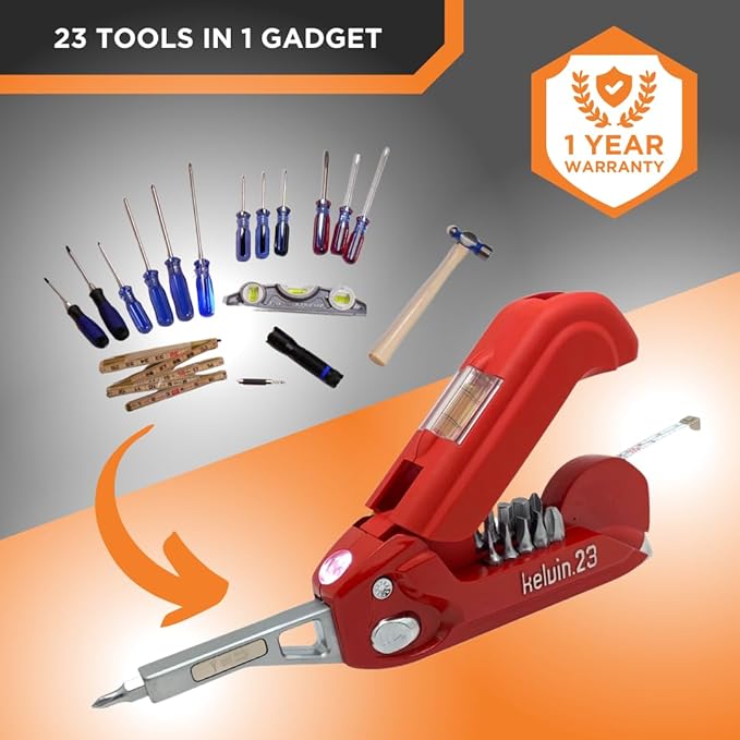 Kelvin Tools Kelvin 23 Urban Multi Tool Screwdriver Set All in One with 16 Bit Set, Tape Measure, Liquid Level, Hammer, Flashlight Multibit Pocket Screwdriver, Universal Precision - Pink