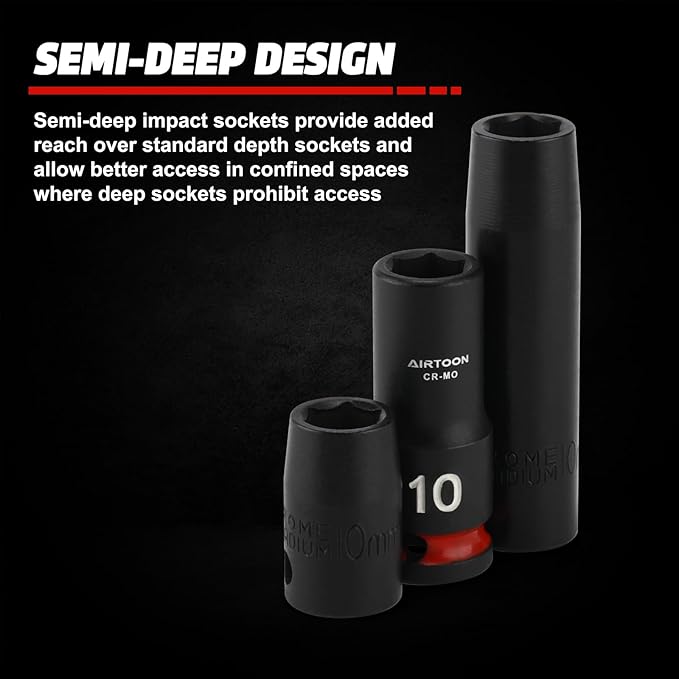 AIRTOON 3/8 in. Drive Semi-Deep Impact Sockets Set, Mid-Length Socket Set, Metric, 8 to 22 mm, 14-Piece, CR-MO, Stamped and Ink Filled Size Marking