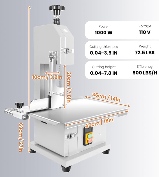 1000W Commercial Electric Meat Bandsaw, 18x14" Stainless Steel Worktable, Cuts 0.04-3.9" Thickness, Frozen Meat Cutter with 8 Blades Included, Electric Bone Saw Machine for Rib Pork Beef