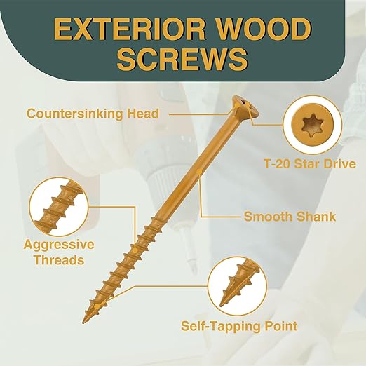 T.K.Excellent Deck Screws 2 Inch Wood Screws #8 x 2, 630 Pcs, Rust Resistant Structural Screw Fence Screw Torx Drive Screws, Two T20 Bits, Brilliant Yellow Ruspert Coating Rust Proof