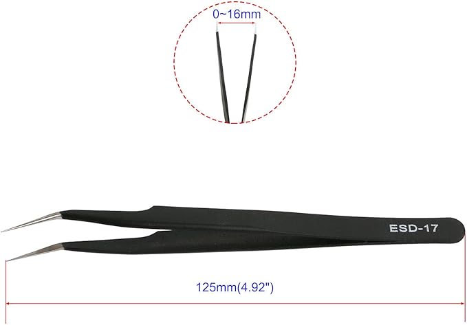 Aoje-Link ESD-17 Professional Anti-Static Precision Technology Tweezers, Non-magnetic Fine Tip Curved, Stainless Steel Plastic Coated, Full Length 125mm, Black, 2pcs