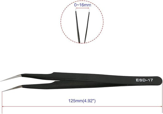 Aoje-Link ESD-17 Professional Anti-Static Precision Technology Tweezers, Non-magnetic Fine Tip Curved, Stainless Steel Plastic Coated, Full Length 125mm, Black, 5pcs