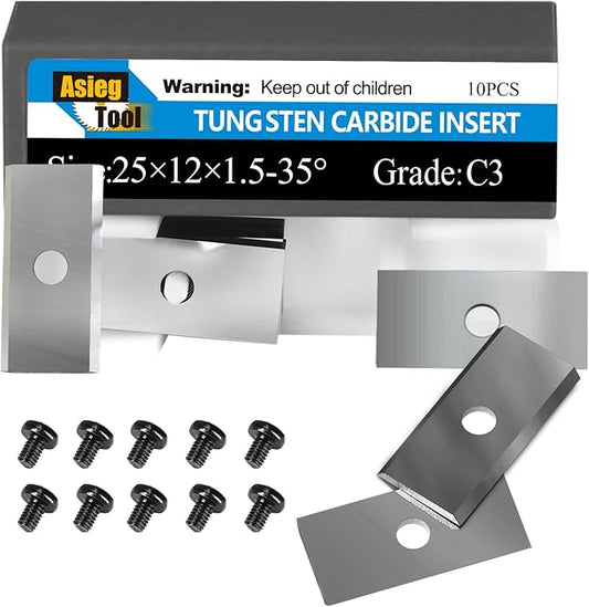 Asieg Tool 25x12x1.5mm-35째 1 inch Carbide Inserts Cutter Blades Replacement Knives 2 Cutting Edges with Screws for Woodworking Surfacing Groove Helical Planer Cutter Heads 10pcs