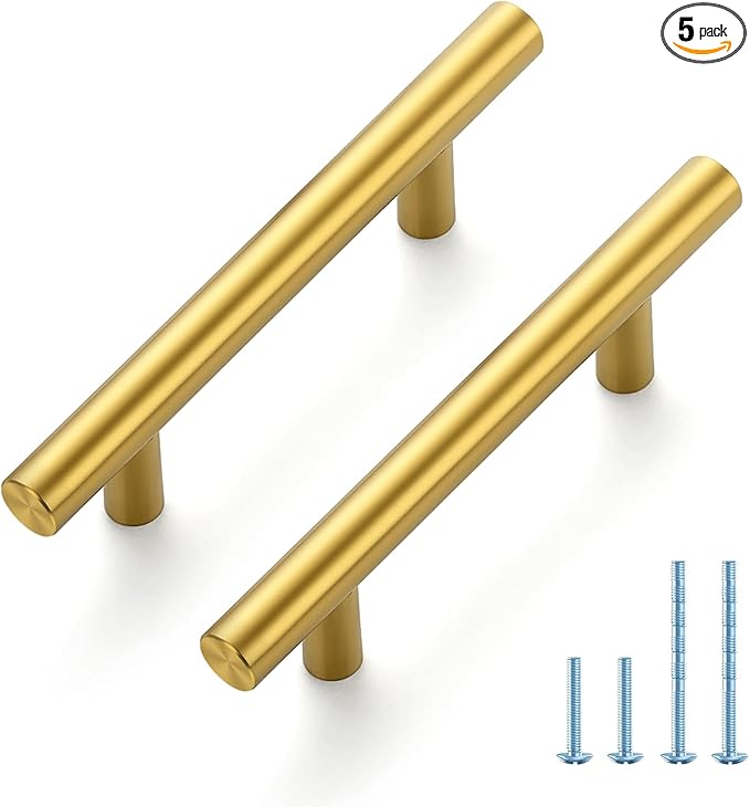 JOY DECOR 5 Pack 5 Inch Cabinet Pulls Kitchen Cabinet Handles with 3 Inch Hole Center Brushed Brass Cabinet Hardware Stainless Steel Kitchen Drawer Pulls for Cabinets Cupboard, 76mm Hole Centers