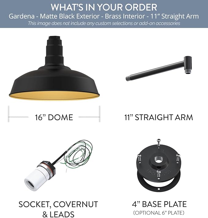 Steel Lighting Co. | Dusk to Dawn | Gardena Barn Light | Outdoor Wall Mounted | 16" Dome | 11" Straight Arm | Farmhouse Light Made in America | Matte Black Exterior/Brass Interior