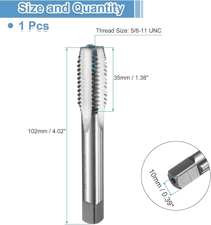 uxcell Hand Bottom Tap 5/8-11 UNC 2B Thread Bottoming Style Threading Taps High Speed Steel HSS6542 Straight Flutes Screw Tapping Tool