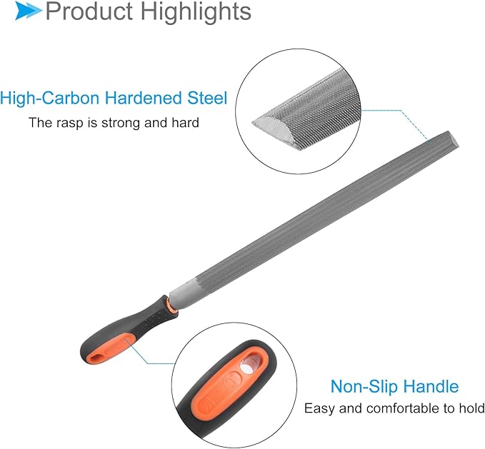 Half Round File, | 12 Inch File Length |, High Carbon Steel Medium Double Cut File Hand Rasp with Anti-Slip Grip Handle - (Applications: for Shaping Metal Wood Plastic), 1-Piece