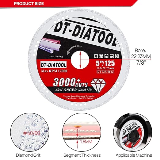 DT-DIATOOL Diamond Cut Off Wheels 5 x 7/8" for Steel Iron Rebar Metal Cutting Blades for Angle Grinder