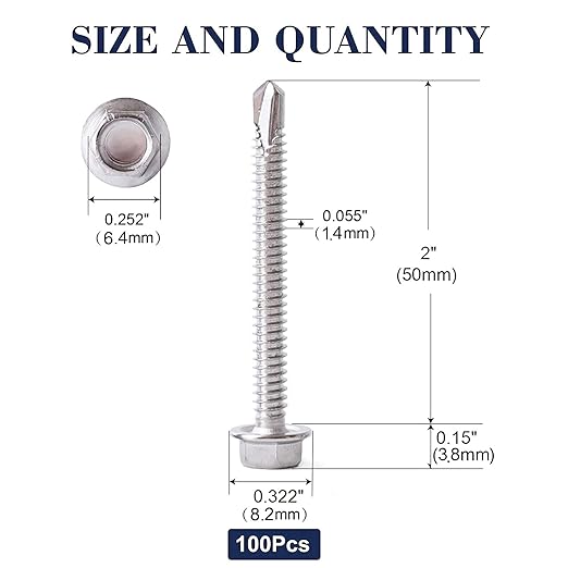 #8 x 2 Sheet Metal Screws 100PCS 410 Stainless Steel Hex Washer Head Fast Self Tapping Screws by SG TZH