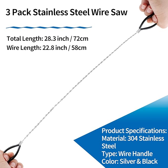 Bivethoi 3 Pack Stainless Steel Wire Saw Emergency Saw Kit, Camping Wire Saw Mini Backpacking Saw, Cable Cutting String Bone Rope Saw, Travel Chainsaw for Wood Cutting Hiking Hunting (Wire Handle)