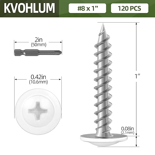 #8 x 1 (120 PCS) Modified Truss Head Wood Screws, Phillips Drive Quick Metal Self Tapping Screws, White Head, Full Thread, Screwdriver Bit Included