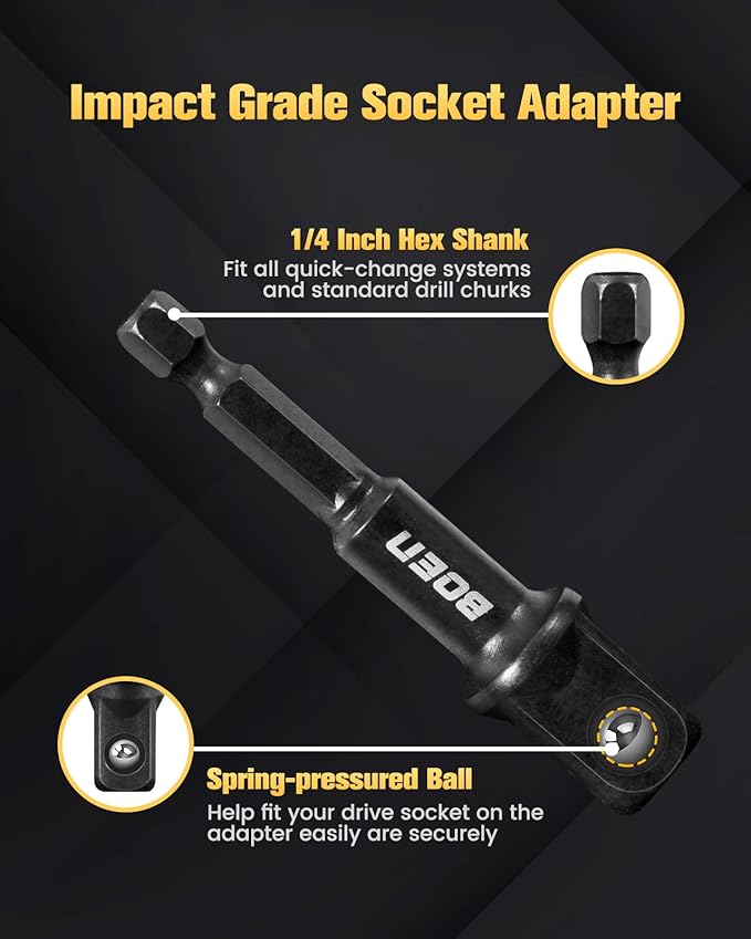 BOEN Impact Grade Socket Adapter Set, 6-PCS Drill Bit Adapter with Bit Holder, Sizes 1/4", 3/8", 1/2", 1/4-Inch SAE Hex Shank, Cr-V with Black Phosphate Finish