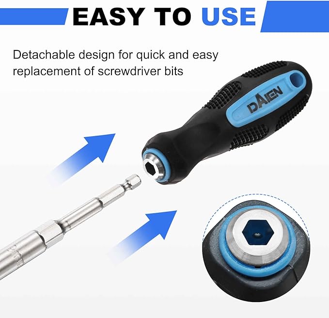 HARFINGTON Metric Nut Driver 9mm CR-V Non-Magnetic Detachable Tip Hollow Shafts Hex Socket Screwdriver with Anti-Slip Handle for Automobile Repair Bit Driver, Blue/Black