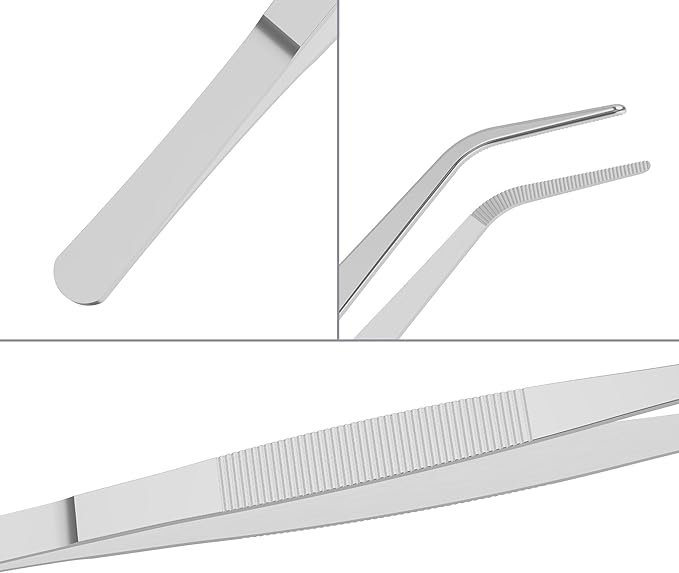 2 PCS 5 Inch Stainless Steel Tweezers with Curved Pointed Serrated Tip, Perfectly Aligned, 3/64 Inch Thickness Stainless Steel, Multipurpose Daily Garden Home Lab Craft Repairing Tool