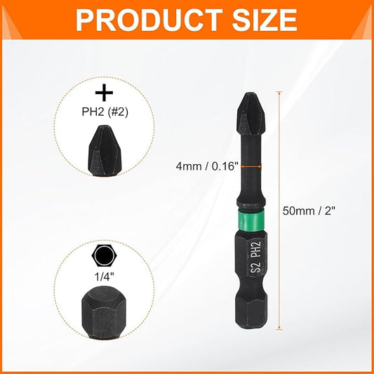 HARFINGTON 3pcs #2 Impact Phillips Screwdriver Bit PH2 1/4" Hex Shank 2" (50mm) Long 0.16" Rod Magnetic Cross Head Drill Bits S2 Steel Industrial Screw Driver for Impact Power Drivers