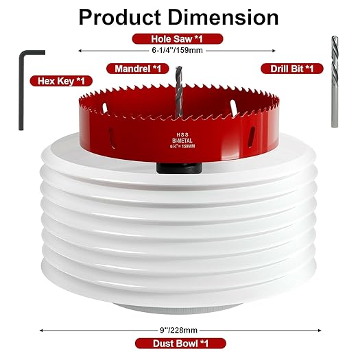6.25" (159mm) Bi-Metal M42 High Speed Steel Hole Saw with Dust Bowl and Pilot Drill Bit, Smooth Cutting Edge for PVC, Drywall, Wood, Plastic, Gypsum Board, Rubber, Thin Metal