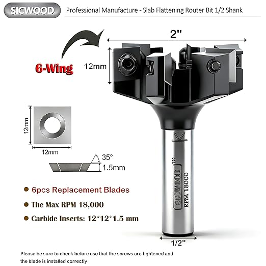 Slab Flattening Router Bit 1/2 Shank, 6-Wing, 2" Cutting Dia, Insert Carbide CNC Spoilboard Surfacing Router Bit, Wood Planer Planing Bit for Flycutter/ Slab Leveler/ Rabbeting by SICWOOD