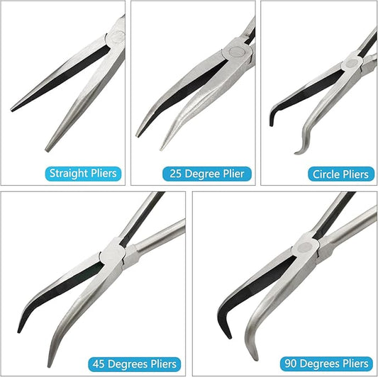 5 Pack 11" Precision Long Nose Pliers Set with Insulated Comfort Grip Handles,Straight Long Needle Nose Pliers, 25/45/90째 Curved & Circle for Wire Shaping/Trimming