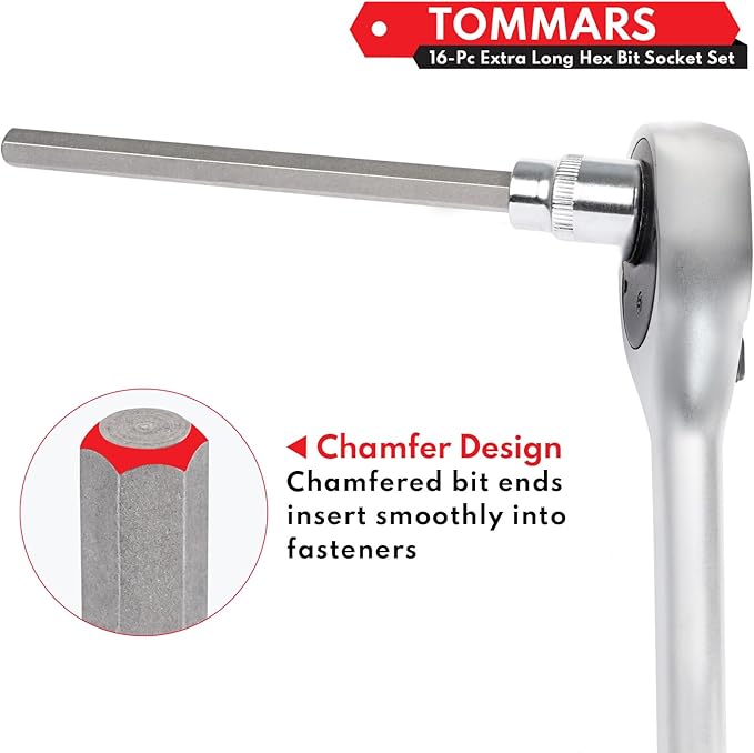 TOMMARS 16-Pc Long Hex Bit Socket Set, Extra Long Allen Socket Set, CR-V and S2 Steel, SAE & Metric 1/8-3/8 in., 3-10 mm.