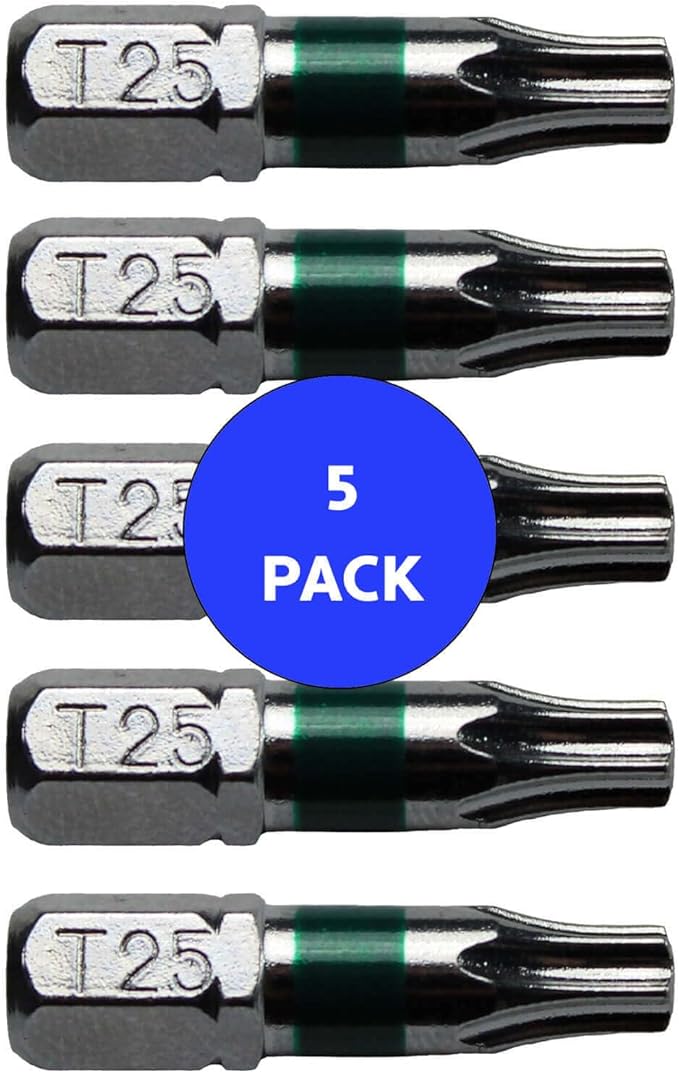 T25 x 1" Color-Coded Torx/Star Driver Bit - Precision Fit for T-25 Screws and Fasteners, 5-Pack