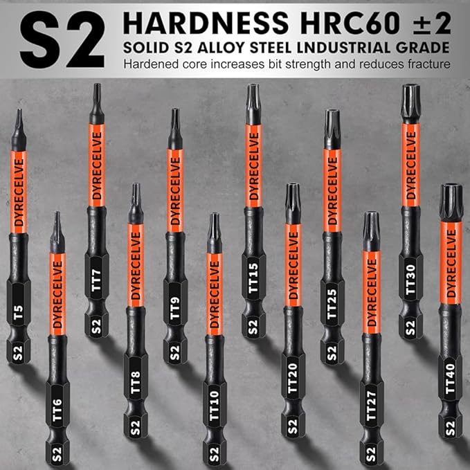 12-Pack Impact Security Torx Bit Set (T5-T40) 3-Inch Long, S2 Steel, Professional Tamper Proof Star Bits Set, with 1/4" Hex Shank, Magnetic & High Torque for Automotive/Electronics/DIY