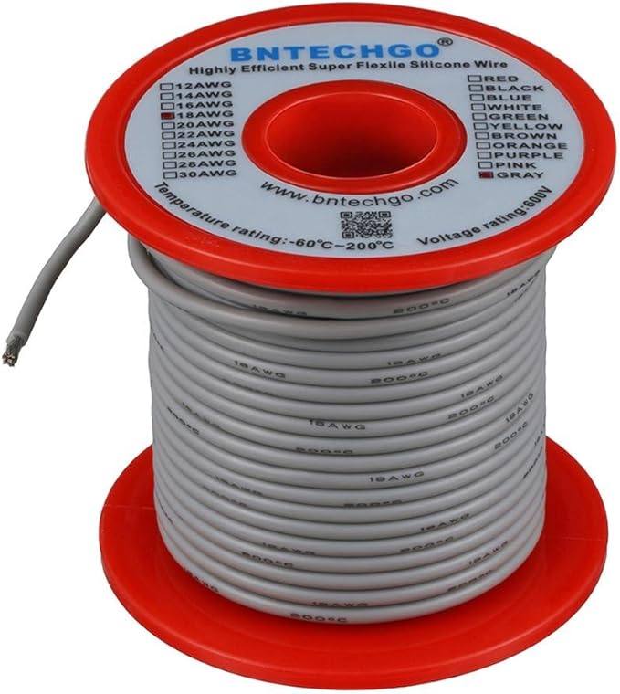BNTECHGO 18 Gauge Silicone Wire Spool 100 ft Gray Flexible 18 AWG Stranded Tinned Copper Wire