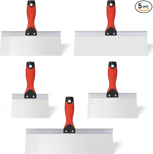 Drywall Taping Knife 5 PCS Stainless Steel Taping Knives, 6"/8"/10"/12"/14" Premium Drywall Skimming Blades with Nonslip Rubberized Grip Handle,Perfect Drywall Tool,Finishing and Patching