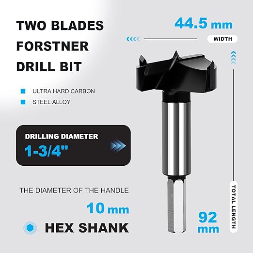 1-3/4 Inch Forstner Drill Bit Carbide Tipped,Woodworking Hinge Cutter for Precise Flat Bottom Holes in Hard Wood,Plywood,Plastic - Professional Grade