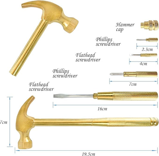Small Metal Hammer & Screwdriver, 6 in 1 Multitool Hammer Set Screwdriver Tools (Gold)