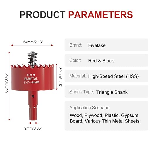 2-1/8" (54mm) Bi-Metal M42 High Speed Steel Hole Saw with Pilot Drill Bit, Smooth Cutting Edge for PVC, Drywall, Wood, Plastic, Gypsum Board, Rubber, Thin Metal