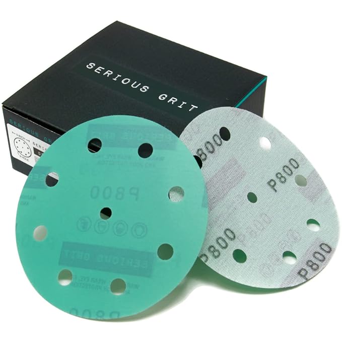 Serious Grit - 5-Inch 9-Hole 800 Grit Sanding Discs - Heavy-Duty Hook & Loop Film Discs - Sandpaper for Random Orbital Sanders - 50 Pack Box