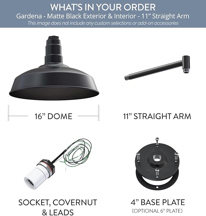 Steel Lighting Co. | Dusk to Dawn | Gardena Barn Light | Outdoor Wall Mounted | 16" Dome | 11" Straight Arm | Farmhouse Light Made in America | Matte Black Exterior/Matte Black Exterior