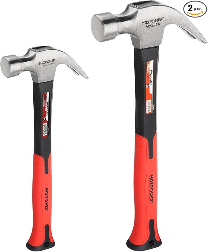 MAXPOWER Hammer Set, 8oz & 20oz Claw Hammers, Polished Alloy Steel Hammer-Head & Fiberglass Handle with Rubber Grip